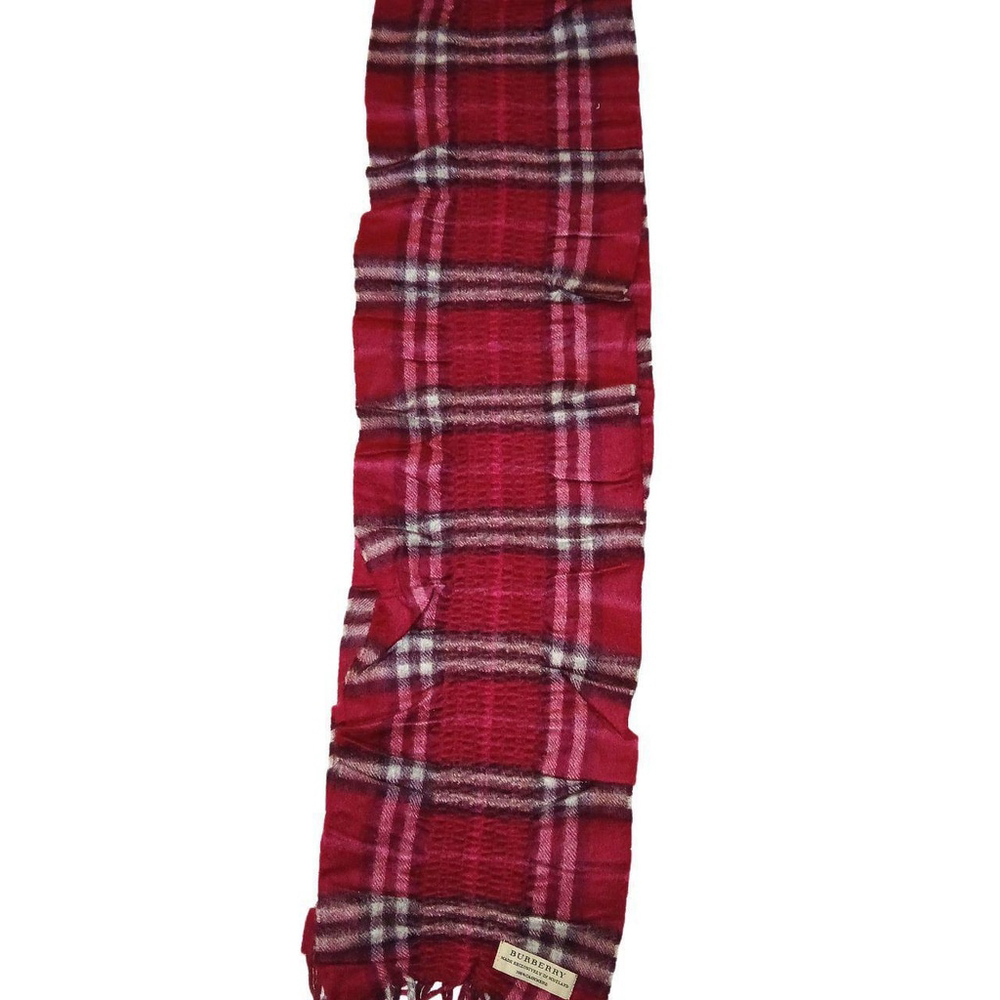 Burberry Ladies Vintage Dark Pink Fringed Ruched Luxury Plaid Winter Scarf - Picture 2 of 4